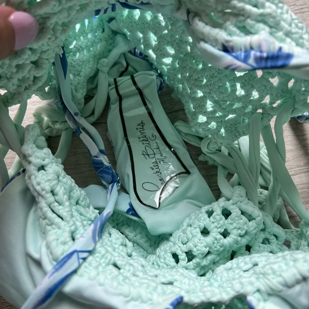 Frankie's Bikinis Blue and White Crochet Swimsuit